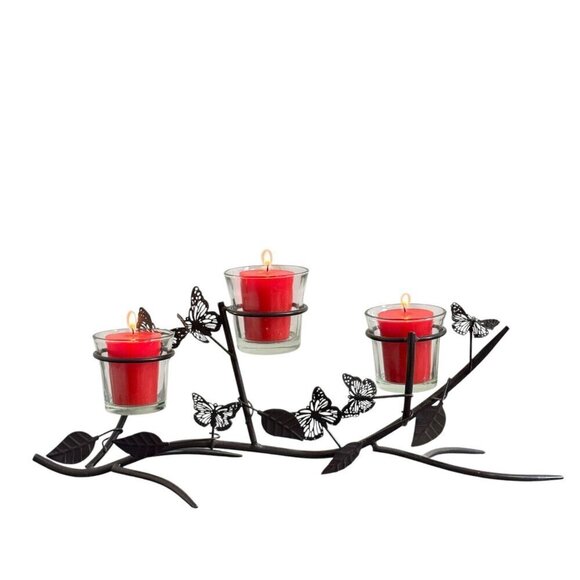 Vintage Rustic Style Butterfly and Leaf 3-Arm Metal Candle Holder 15" Length - Picture 2 of 7